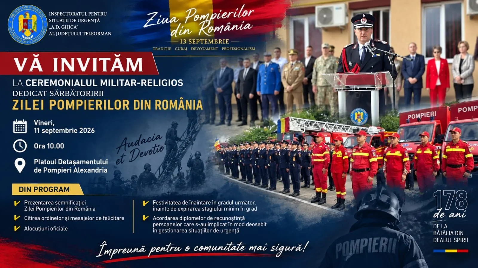 Alexandria: ceremonial de Ziua Pompierilor, 11 septembrie
