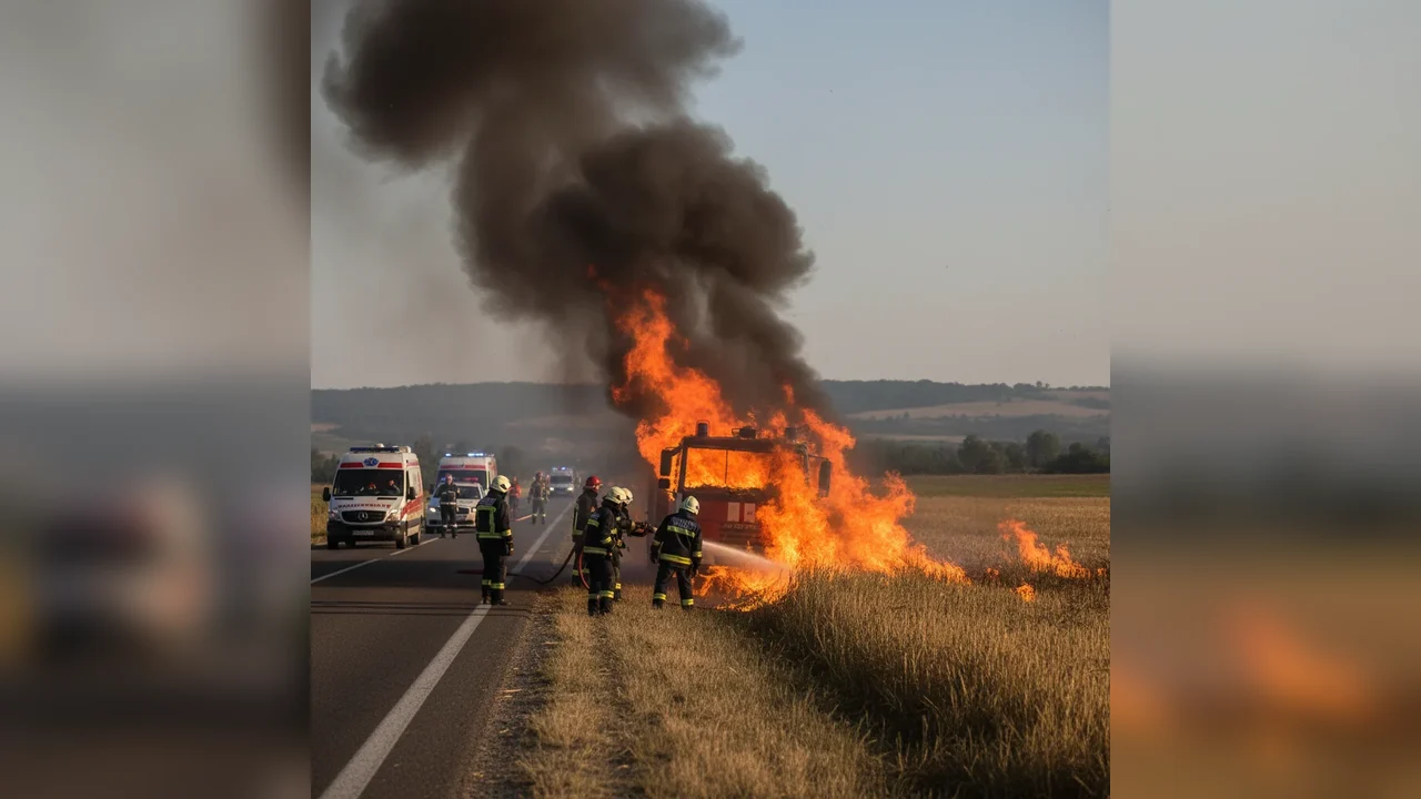Autospecială de pompieri cuprinsă de flăcări în timpul unei intervenții lângă Alexandria, pe DN 52
