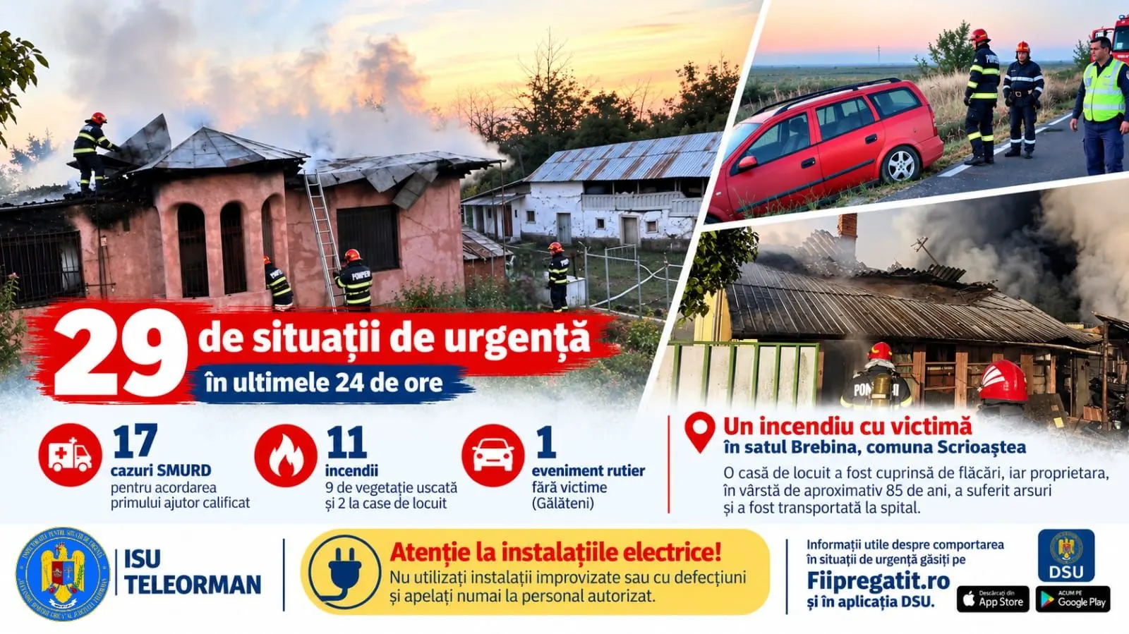 Incendiu la Brebina, în Scrioaștea: femeie de ~85 de ani, arsuri pe ~40% din corp