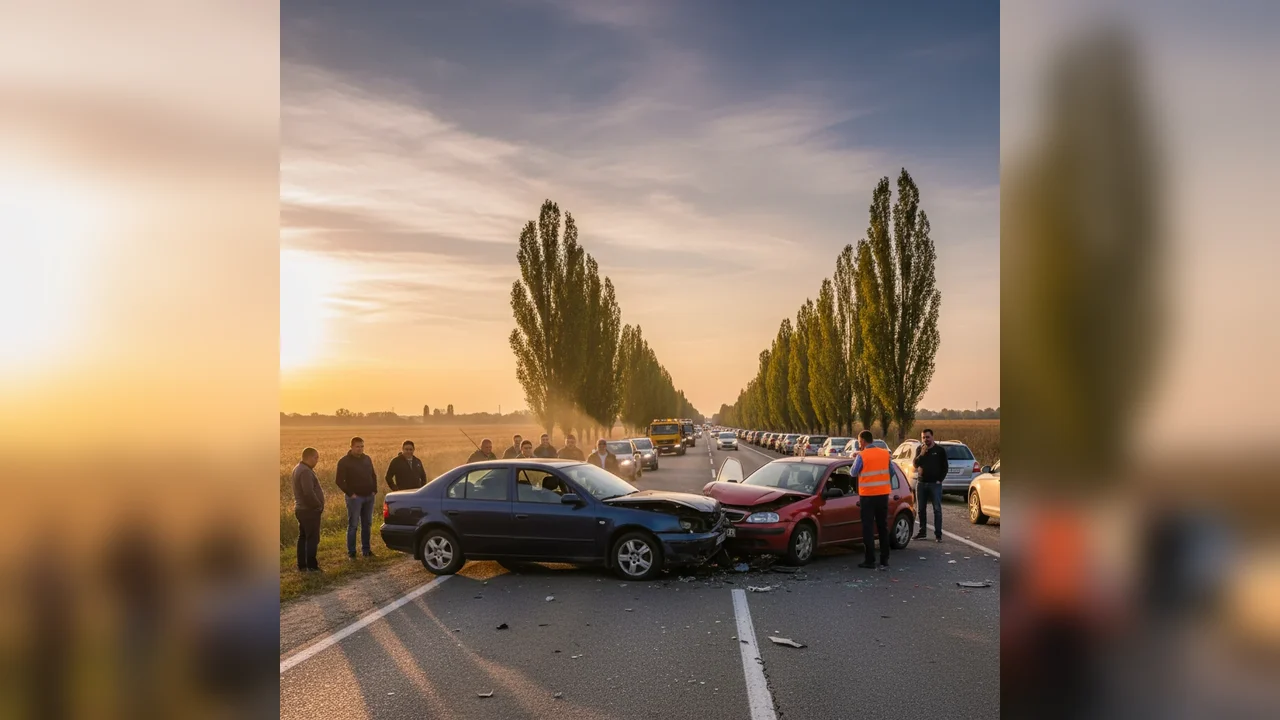 Trafic blocat pe DN 6 în zona Alexandria după un accident între două autoturisme