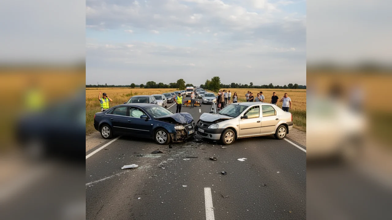 Trafic blocat pe DN 6 lângă Alexandria după o coliziune între două autoturisme